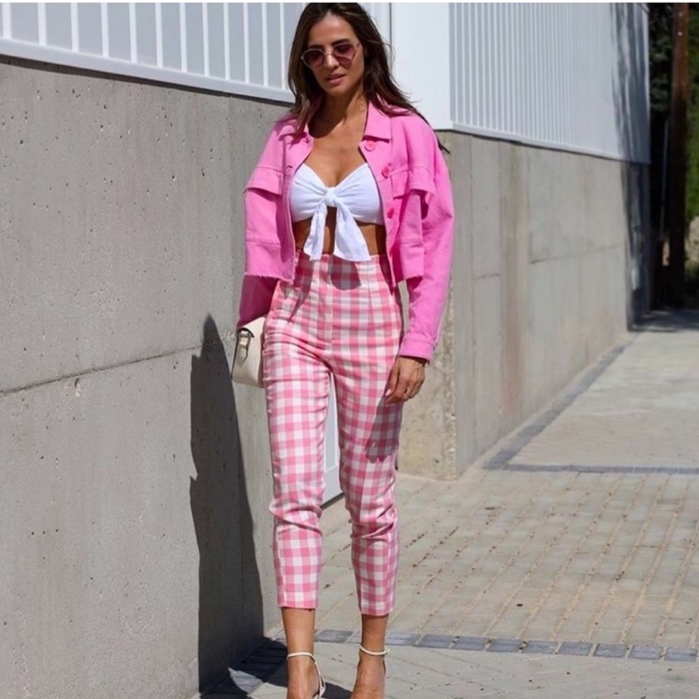ZARA Pink White High Waisted Gingham checkered Pants patterned waist cinching